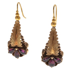Pair of Victorian Garnet, 14k Yellow Gold Earrings