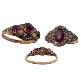 Collection of Three Victorian Garnet, Seed Pearl, Gold Rings