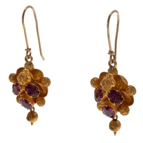 Pair of Victorian Garnet, 14k Yellow Gold Earrings
