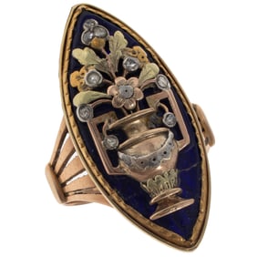 Georgian Diamond, Enamel, 18k Yellow Gold Ring