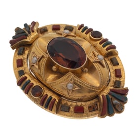 Victorian Scottish Citrine, Agate, Yellow Gold Brooch