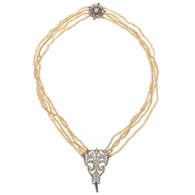 Edwardian Diamond, Pearl, 14k White Gold Necklace