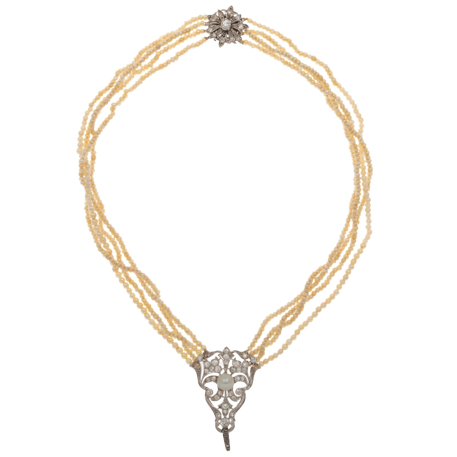 Edwardian Diamond, Pearl, 14k White Gold Necklace: Edwardian Diamond, Pearl, 14k White Gold NecklaceCentering a round, cultured half pearl measuring approximately 7.5 mm, accented by thirty-four Old European cut diamonds weighing a total of approximat