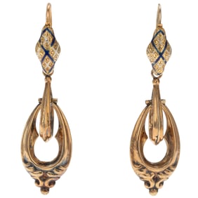 Pair of Victorian Enamel, 14k Day and Night Earrings
