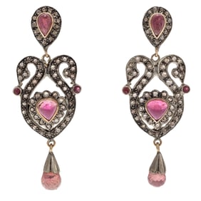 Pair of Diamond, Tourmaline, 14k, Silver Earrings