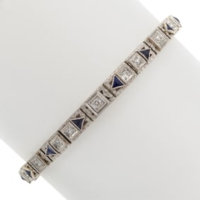 Art Deco Diamond, Synthetic Sapphire, Platinum, 14k Bracelet