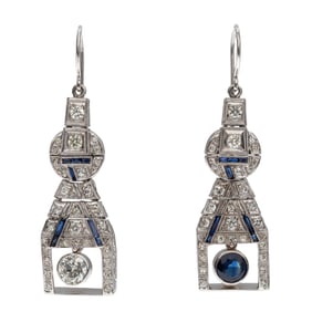 Pair of Diamond, Sapphire, 14k White Gold Earrings