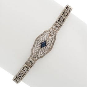 Art Deco Synthetic Sapphire, 10k White Gold Bracelet, Belais