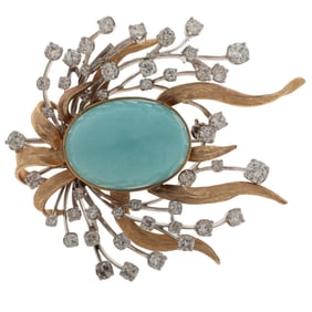 Mid-Century Turquoise, Diamond, 14k Spray Brooch