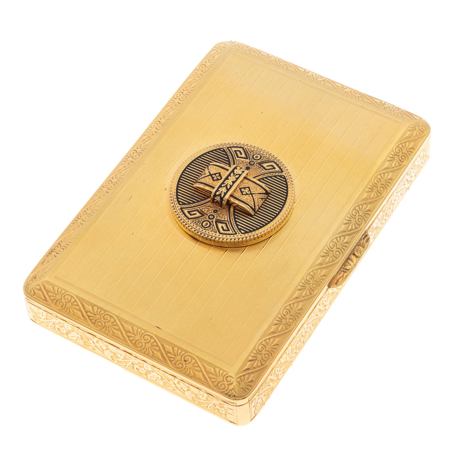 Art Deco 14k Yellow Gold Box: Art Deco 14k Yellow Gold BoxThe 14k yellow gold rectangular ribbed with scrolled borders box centering a bow motif medallion, measuring approximately 3.50 x 2.30 x 0.50 inches.Gross weight: 107.9 gram