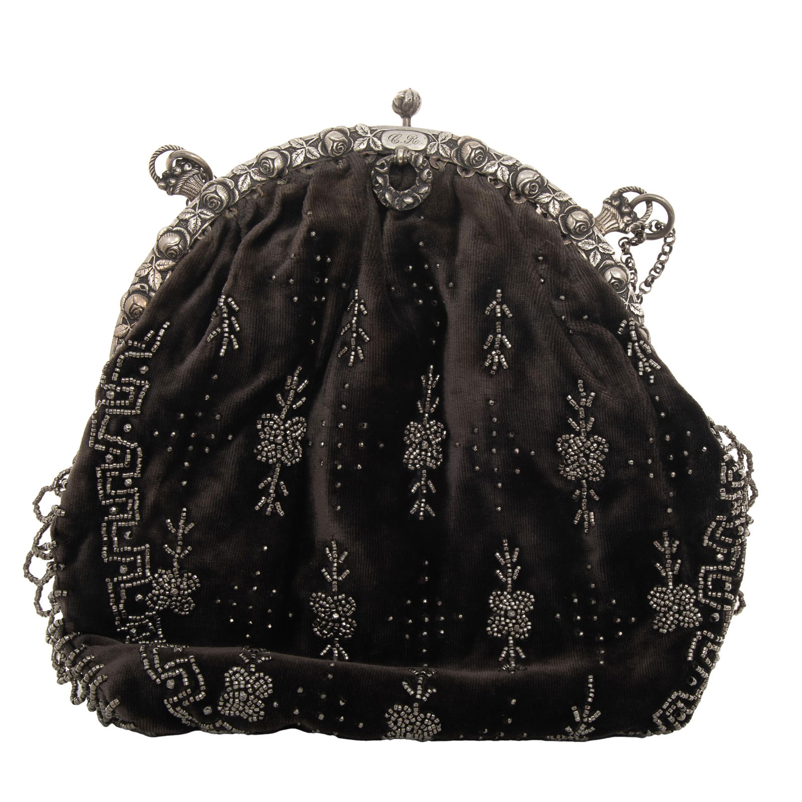 Beaded Velvet Evening Bag: Beaded Velvet Evening BagWith embossed silver frame, beaded fringe, push latch and striped lining with silver geometric trim. Incudes silver chain7in w. x 10in long including beaded trimCondition: Ver