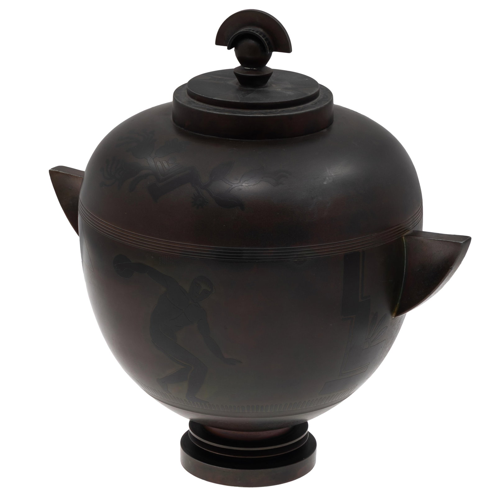 Art Deco Covered Urn, Groos & Christensen, Denmark: Art Deco Covered Urn, Groos & Christensen, Denmark Dinanderie lidded urn with spere and half moon finial, decorated with a Pegasus on one side and an Olympian Discus thrower on reverse, flanked by win