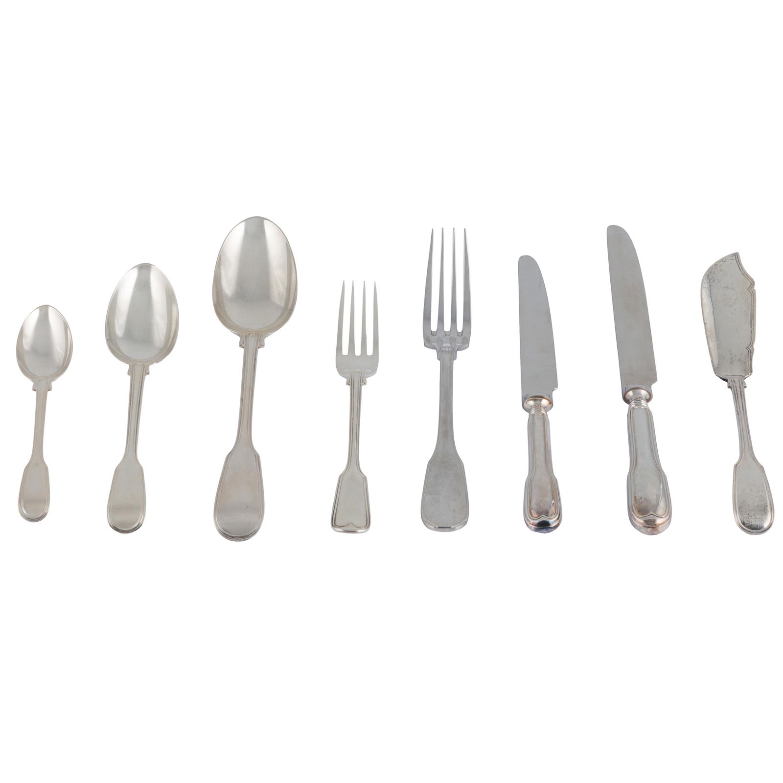 Victorian Sterling Silver Flatware, George William Adams: Victorian Sterling Silver FlatwareGeorge William AdamsA set of Fiddlehead pattern all marked for London 1863including;Twelve 10in knivesTwelve 8 1/2in knivesEleven 8 1/2in forks 978.4 gramsEigh