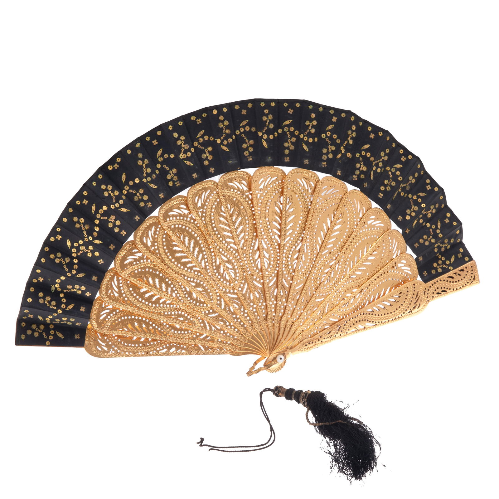 Art Deco Gilt and Black Satin Fan: Art Deco Gilt and Black Satin FanWith gilt embossed guards and sticks Geometric sequin design on black satin.8-1/2 in lFrom the collection of Rhoma Young.