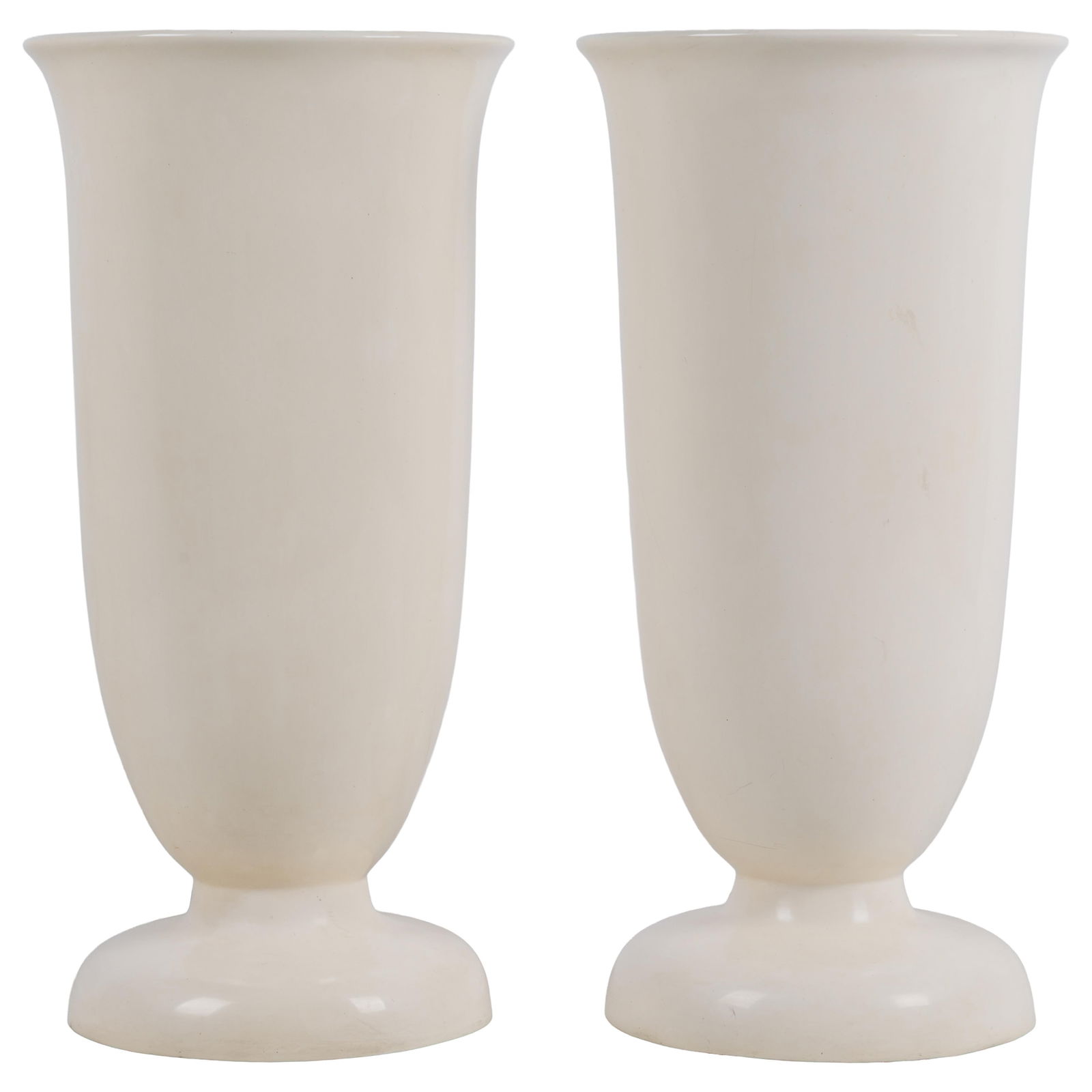 Pair of Lacquered Copper Vases by Robert Kau: Pair of Lacquered Copper Vases by Robert KauThe pair of shite lacquer over copper, both trumpet form on a round base.18in (46cm) h. 9in (23cm) d.Chinese artist and designer Robert Kuo is known worldwi