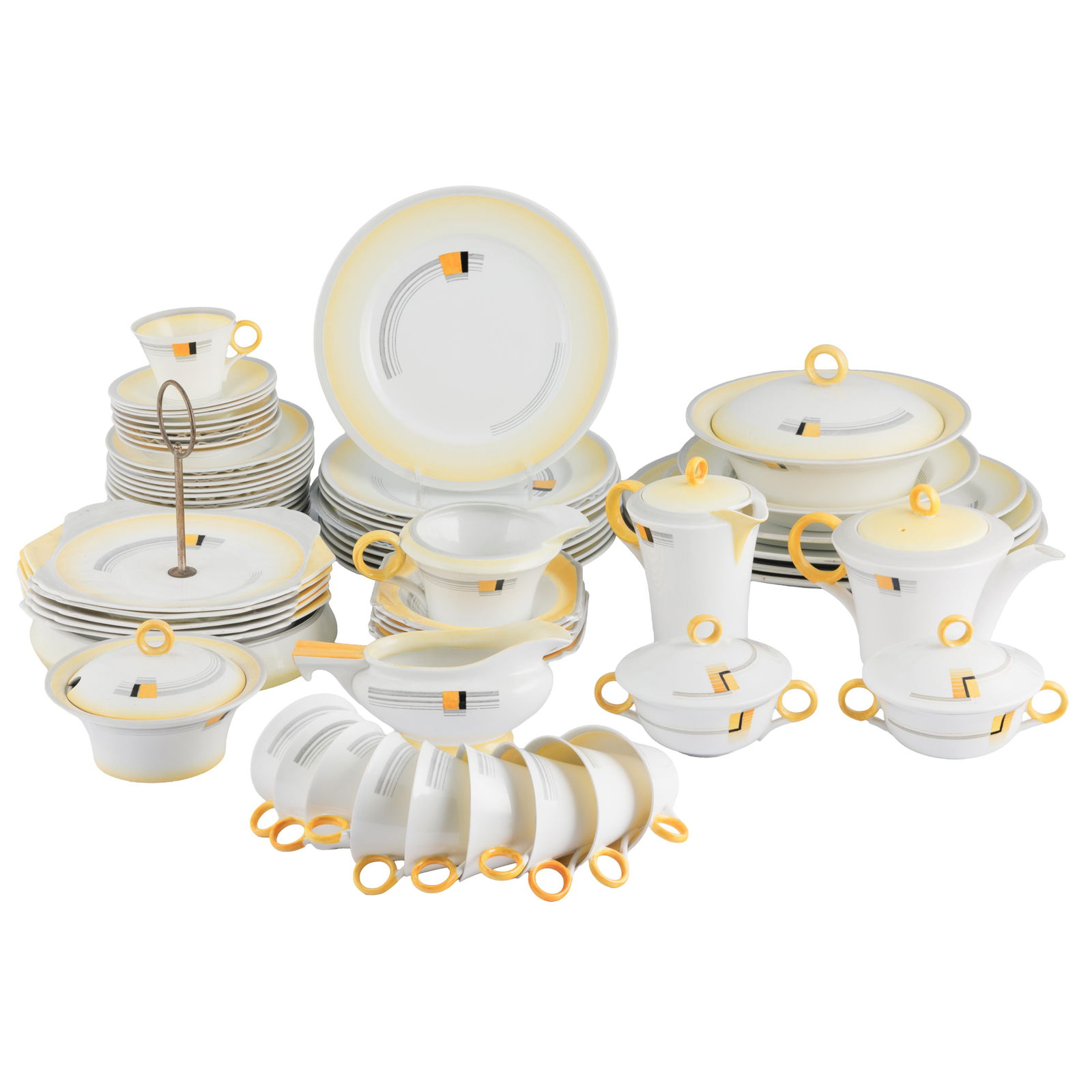 Art Deco Shelley Luncheon China Set, Block and Band Pattern: Art Deco Shelley Luncheon China SetBlock and Band PatternThe Art Deco bone china set including;One 7in coffee potOne 6in tea potOne 4in creamerThree 5in covered bowlsTen 3in coffee cupsSeven 6in