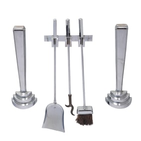 Donald Deskey Style Skyscraper Andirons with Chrome Fireplace Tools