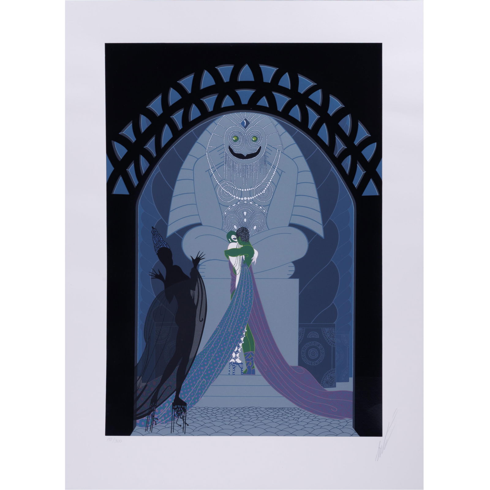 Erte (Romain de Tirtoff) (Russian/French, 1892-1990).: Erte (Romain de Tirtoff) (Russian/French, 1892-1990).Lovers and Idol, 1980.Color screenprint on paper, signed in pencil, numbered 151/300, published by Circle Fine Art Corporation, Chicago, printed at