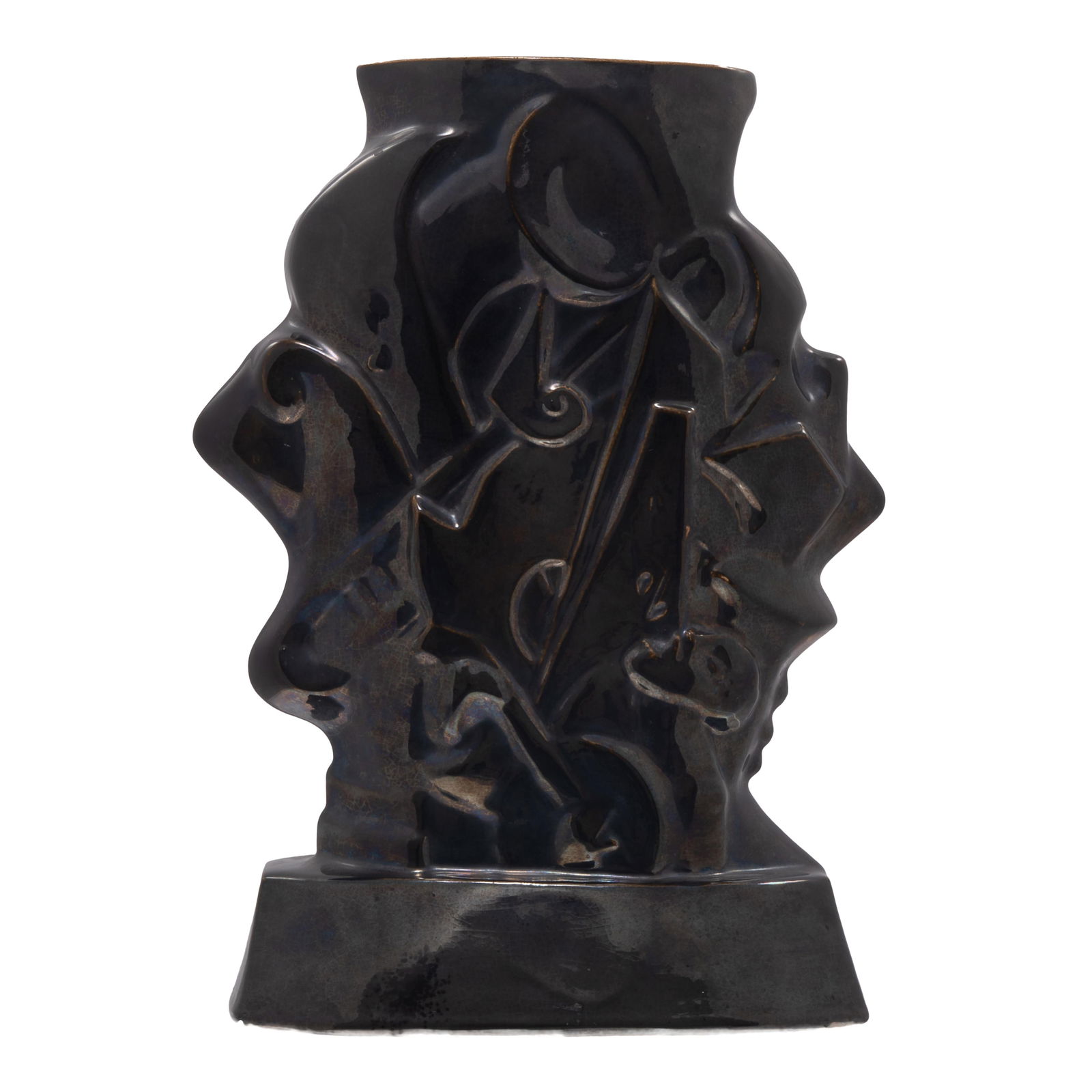 French Art Deco Jazz Vase: French Art Deco Jazz VaseReflecting a Jazz Age theme with musicians, instruments and notes all in low relief.Indistinct impressed signature (Poucher?) on base.11 1/2in (29cm) h. 9 1/2in (24cm)From the