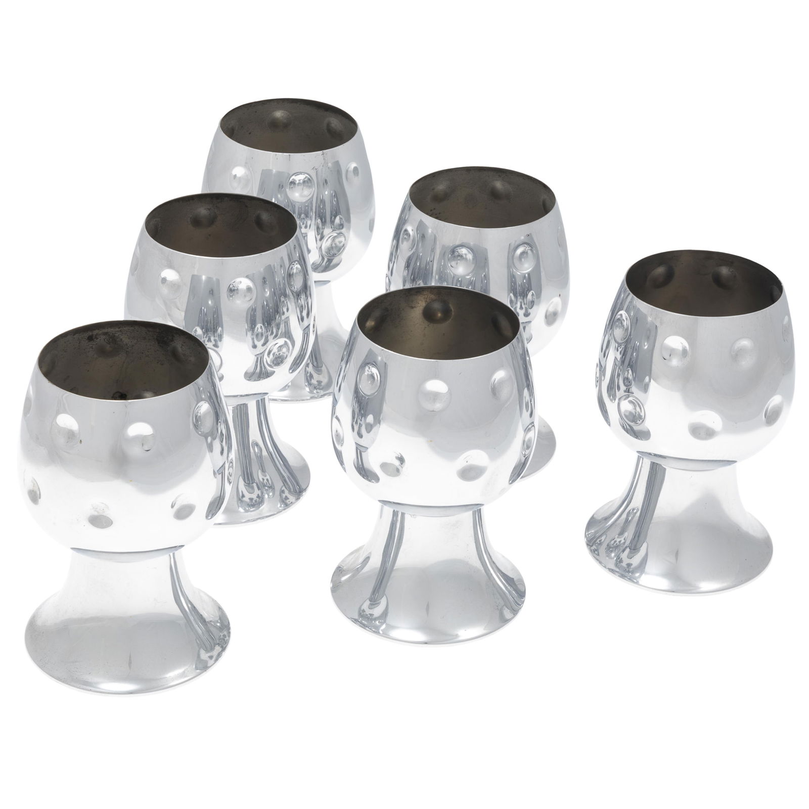 Six Art Deco chrome 'Bacchus' Goblets: Six Art Deco chrome 'Bacchus' GobletsBacchus goblets Designed by Ruth Gerth for ChaseEach of revelry size with thumb print indents.Each 6 1/4in (16cm) h..Stamped Chase USA on base.From the former Prem
