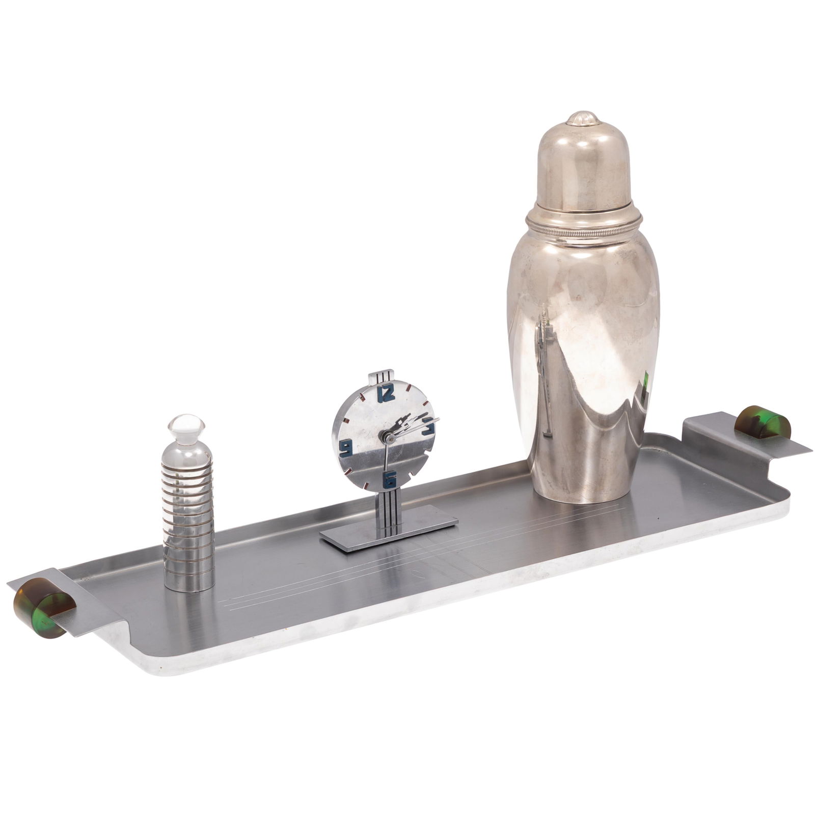 Art Deco Cocktail Set: Art Deco Cocktail SetIncluding:A Silver plated Cocktail shaker marked Denmark Alta 46n. 10in (25cm).'Quickie Cooler' by Roberts Company cylindrical with glass finial 4 1/2in (11cm)Chrome table top clo