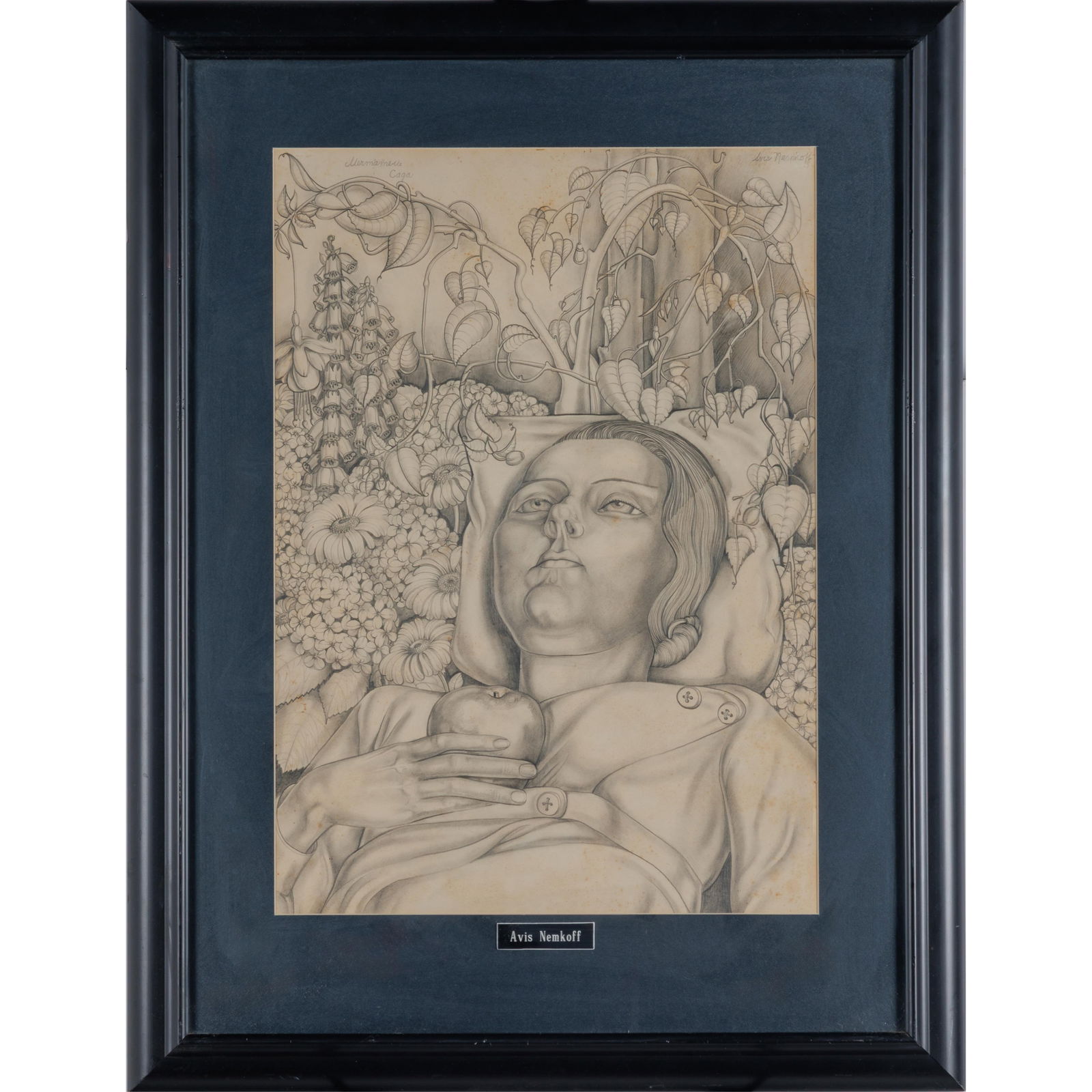 Avis Nemkoff Zeidler (American 1908-1995): Avis Nemkoff Zeidler (American 1908-1995)Pencil on paperUntitled.Signed u/rDepicting a woman holding an apple, reclining in a garden.17in x 24in (43cm. x 61cm)Framed: 26in. x 36in (66cm. x 92cm)A
