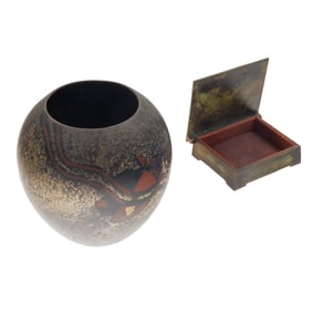 Art Deco Bronze Cigarette Box and Ikora Style Vase