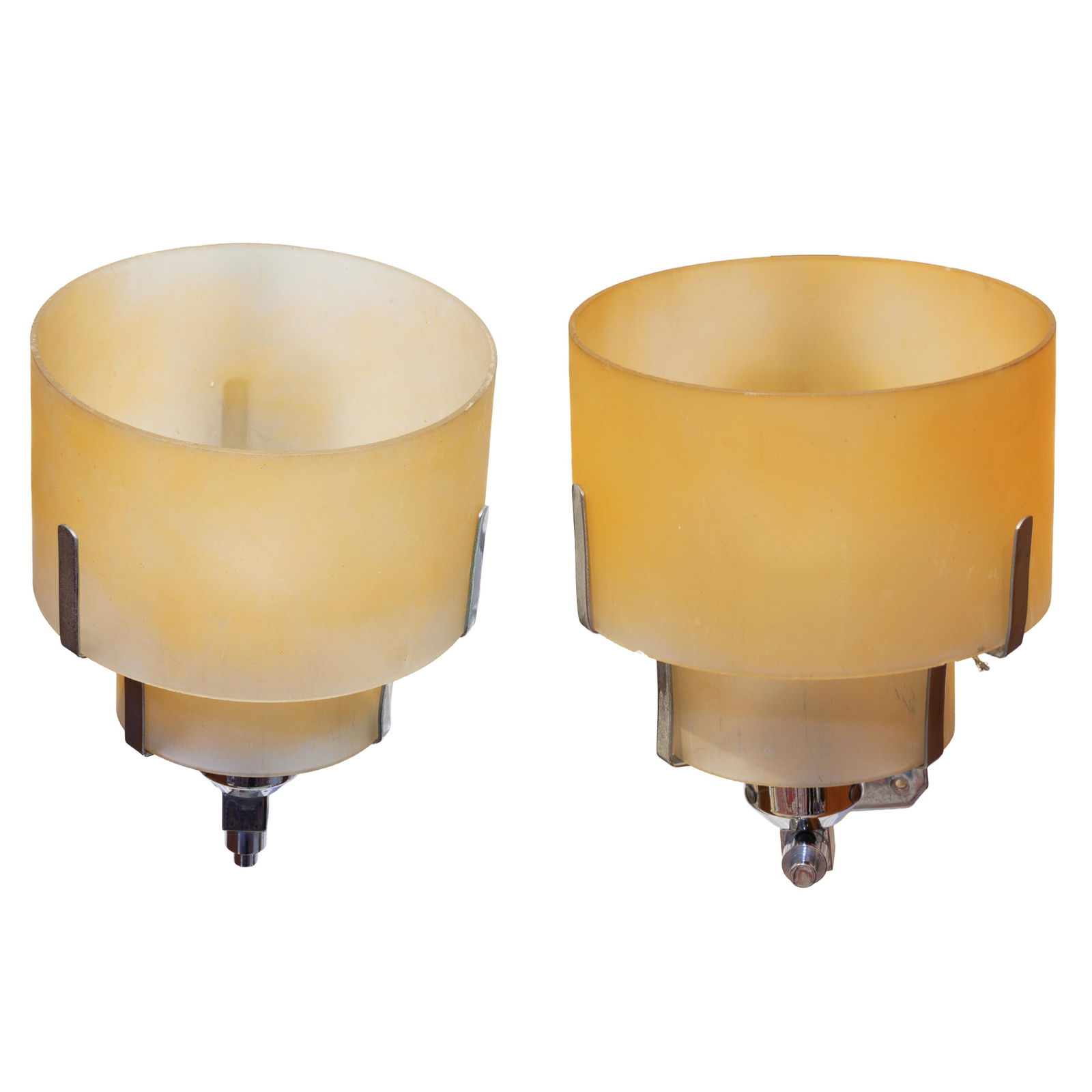 Pair of Art Deco glass and chrome sconces: Pair of Art Deco glass and chrome sconcesEach with tiered frosted glass shades on chrome supports and backplates.8in (21cm) h. 8in (32cm) d.From the former Premier Art Deco Store 'Decodence' in San Fr