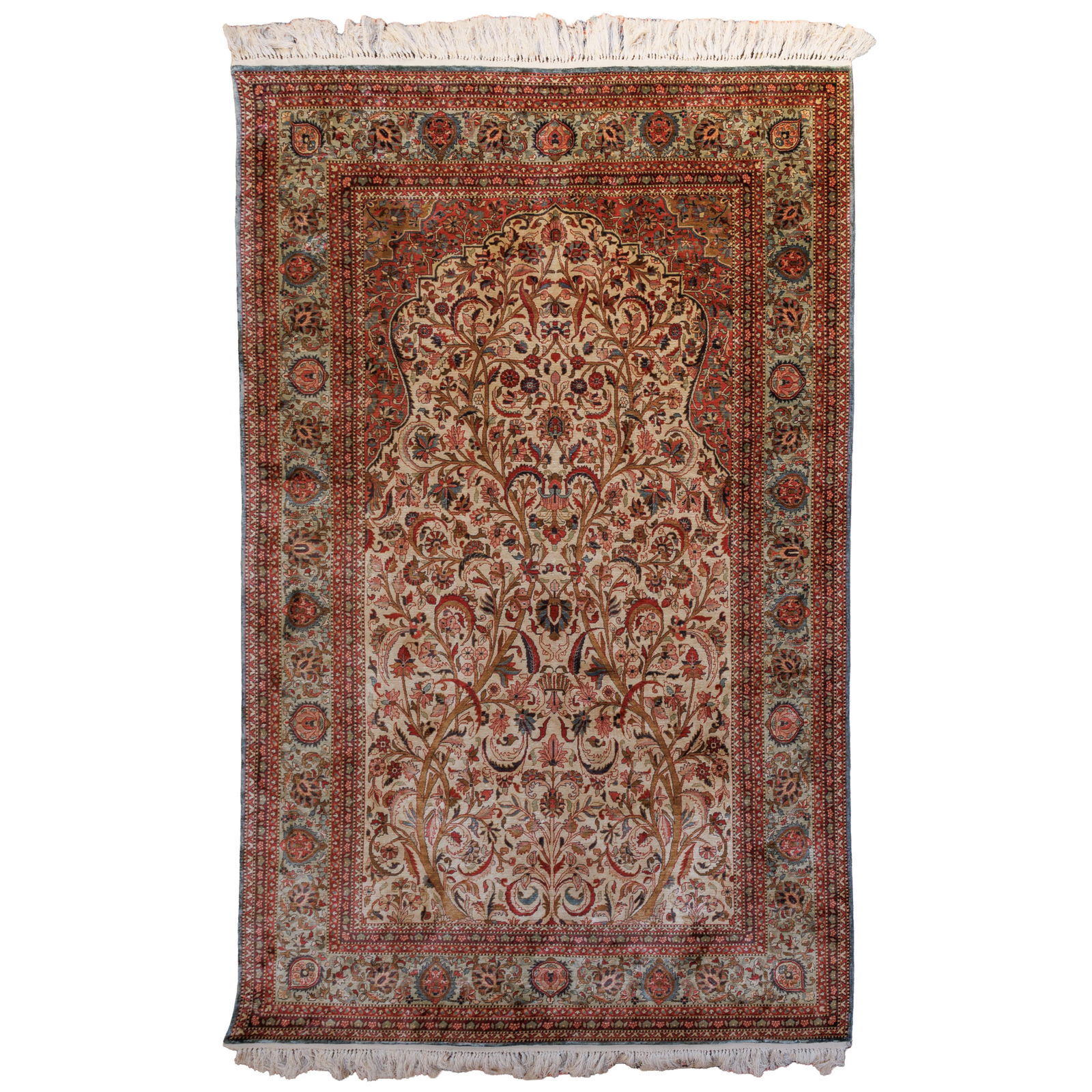 Kashan Silk Prayer Rug: Kashan Silk Prayer RugA Mihrab woven with floral vines within bands of stylized flower heads.80in (202cm) l 51in (130cm) l.