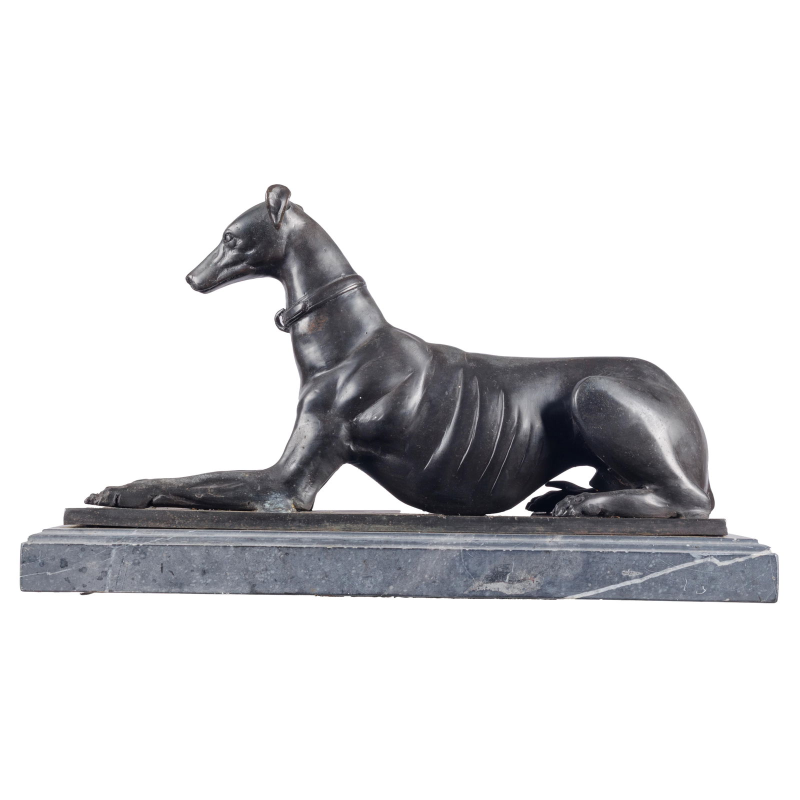Bronze Figure of a Recumbent Greyhound: Bronze Figure of a Recumbent GreyhoundThe hound with outstretched articulated paws recumbent on a marble base11 (28cm) h. 20in (50cm) l 8 in.(20cm) w.Proceeds to benefit Greyhounds Friends for Life.