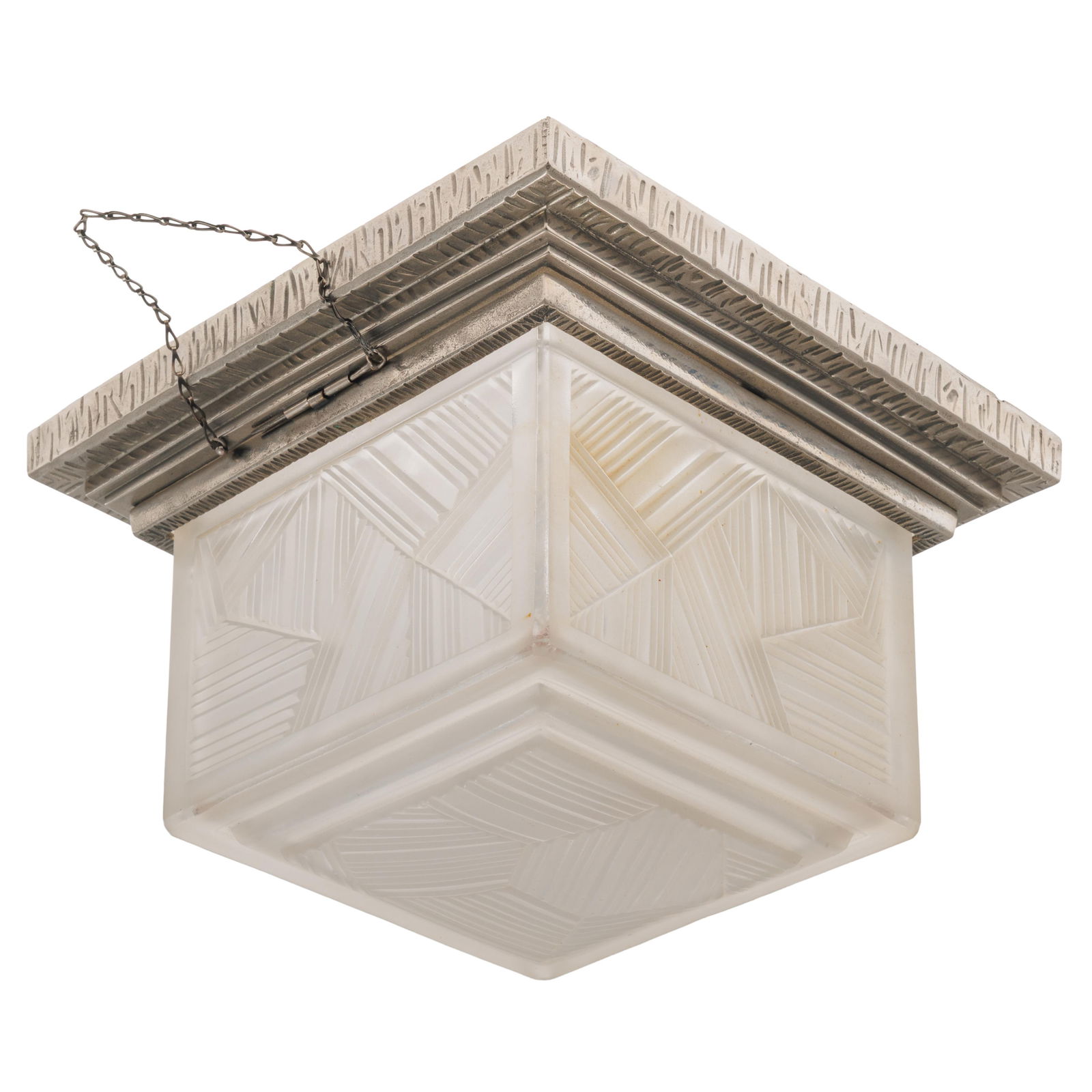 Sabino Art Deco Ceiling Fixture: Sabino Art Deco Ceiling FixtureThe square glass fixture molded with angled horizontal and diagonal lines, on a nickeled bronze frame.7 1/2in (19cm) d. 11 1/2in (30cm) squareStamped Sabino, Paris and M