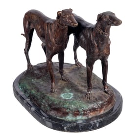 R. Bonet Patinated Spelter Sculpture of Two Greyhounds.