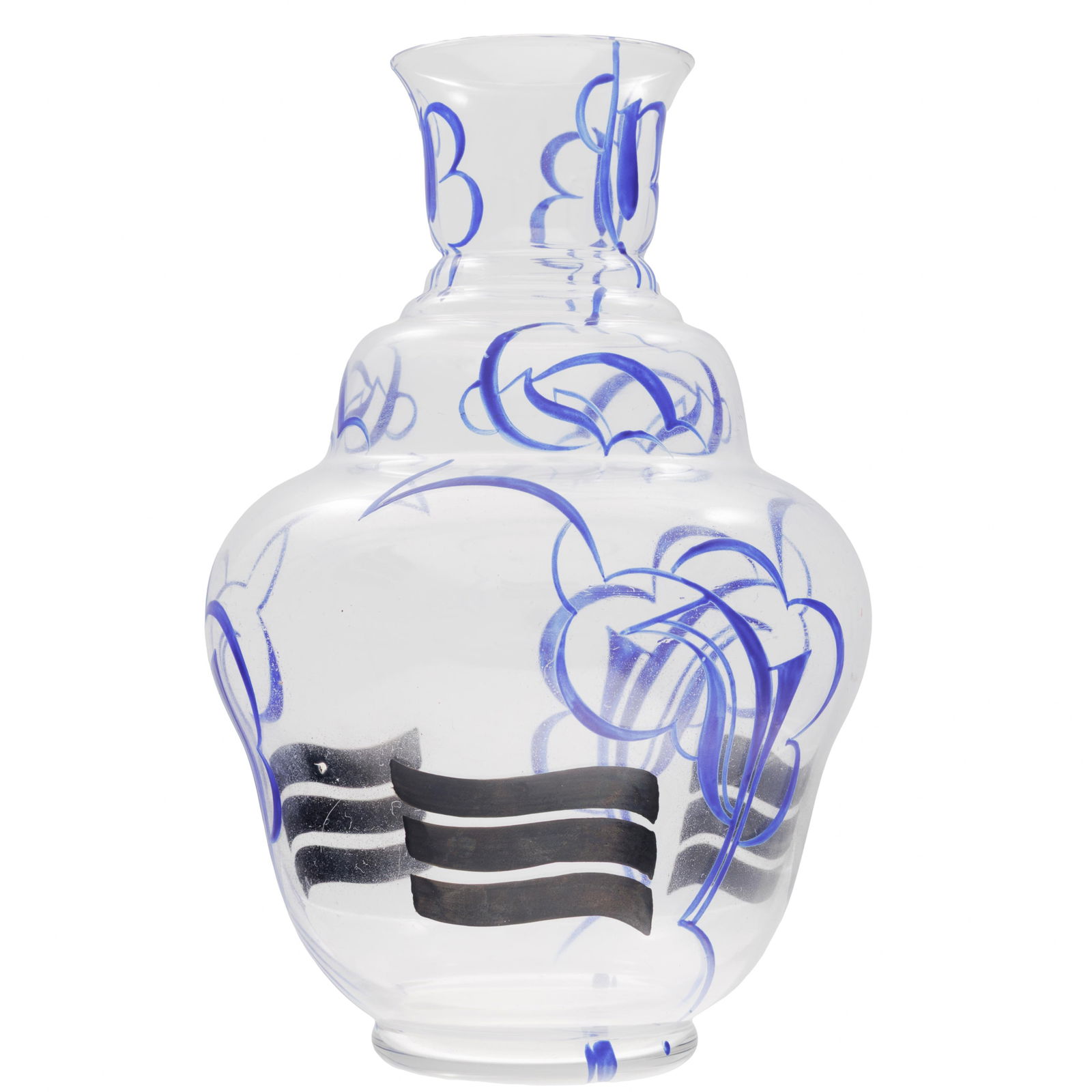 Jaap Gidding Glasfabriek Vase: Jaap Gidding Glasfabriek VaseThe clear glass vase decorated with cobalt and back swirls.Marked on base8in (20cm) h.Jaap Gidding (1887-1955) a Dutch designer was active as a draftsman, painter, glass a