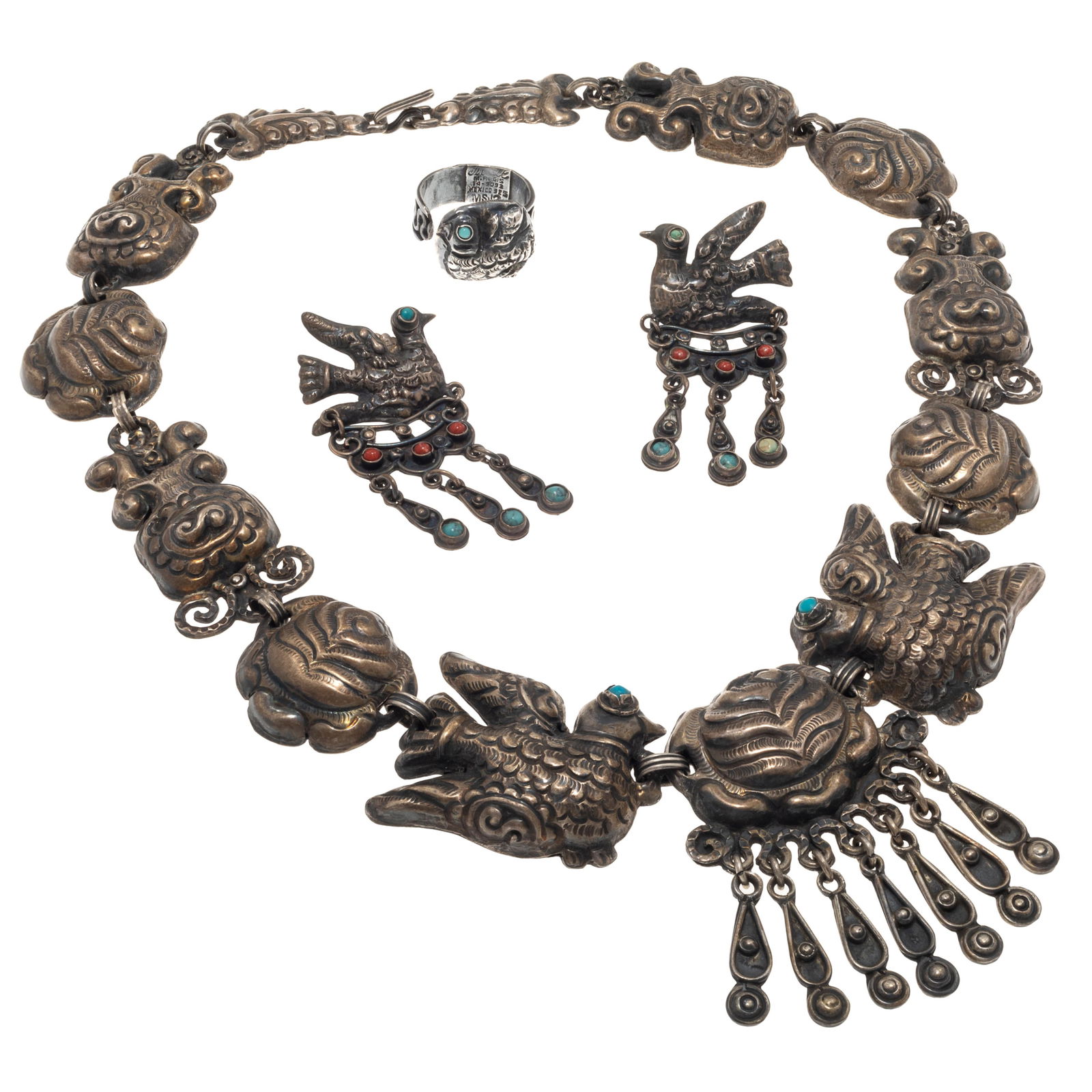 Matilde Poulat Sterling Silver, Rosas y Palomas, Jewelry Suite: Matilde Poulat Sterling Silver, Rosas y Palomas, Jewelry SuiteIncluding a sterling silver necklace centering a fringed rose flanked by two doves, each with a turquoise eye, joined to scrolling and ros