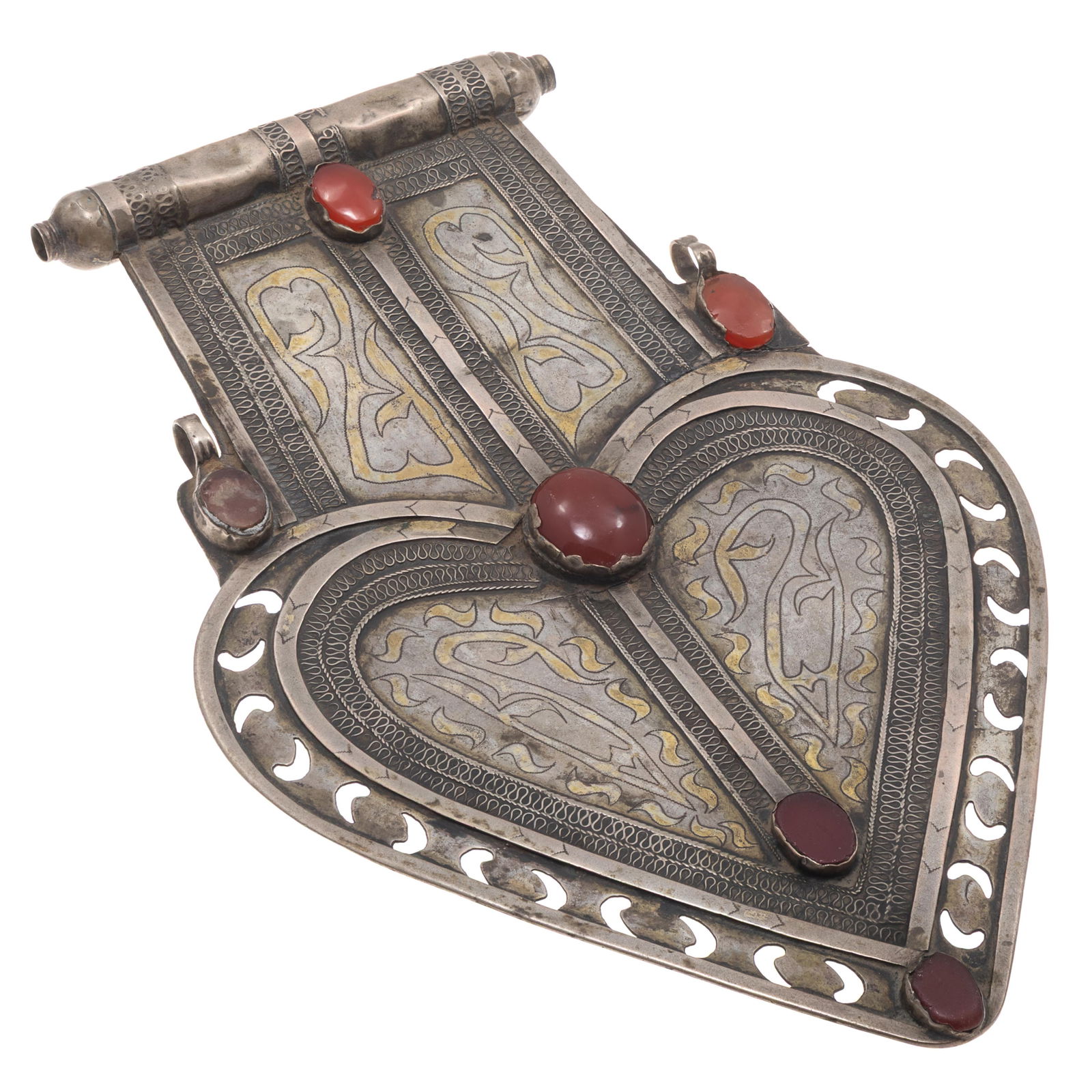 Turkoman Carnelian, Silver Asyk Pendant: Turkoman Carnelian, Silver Asyk PendantThe anthropomorphic ornament, featuring six oval-shaped carnelian agate plaques set in silver with scrolling gilt accents and measuring approximately 9.0 x 6.0 i