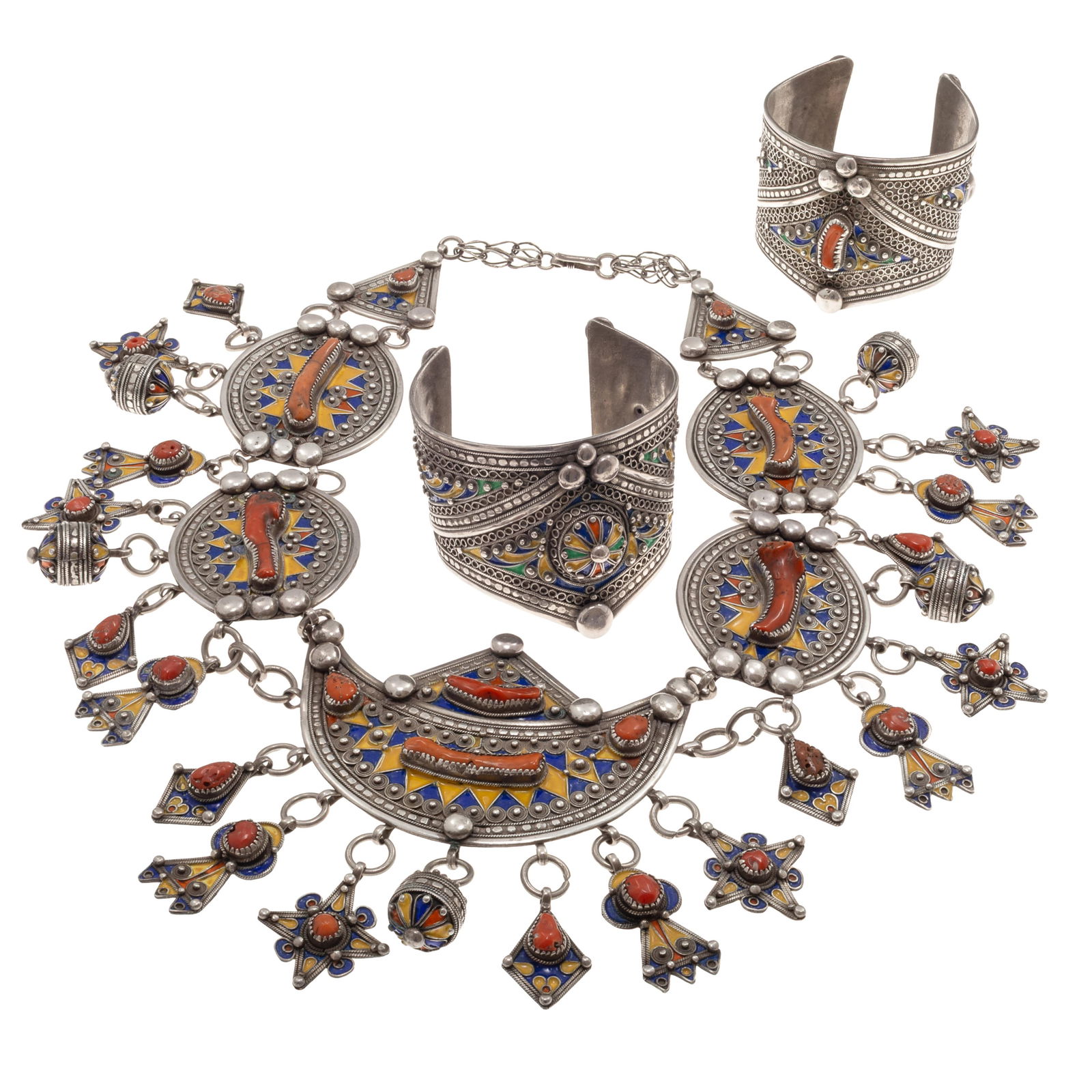 Algerian Berber Coral, Enamel, Silver Jewelry Suite: Algerian Berber Coral, Enamel, Silver Jewelry SuiteFeaturing two triangular and four oval silver plaques, each featuring branch coral highlighted by yellow and blue enamel, leading to a matching cresc