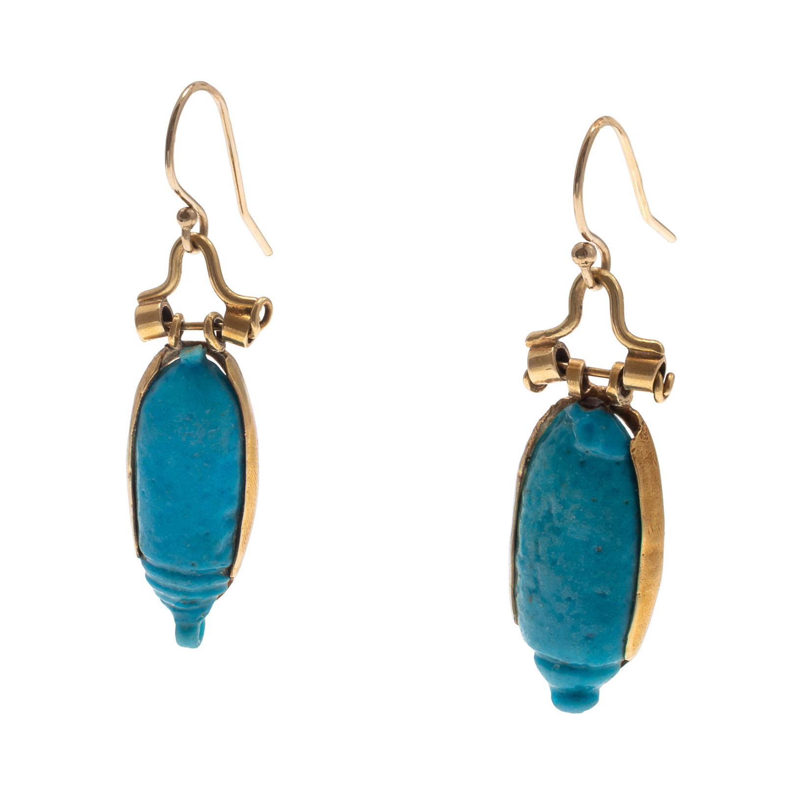 Pair of Egyptian Faience, 20k, Gold-Filled Earrings: Pair of Egyptian Faience, 20k, Gold-Filled EarringsFeaturing blue faience set in a 20k yellow gold mounting suspended by a gold-filled ear wire, each measuring approximately 1.50 x 0.40 inches.Gross w