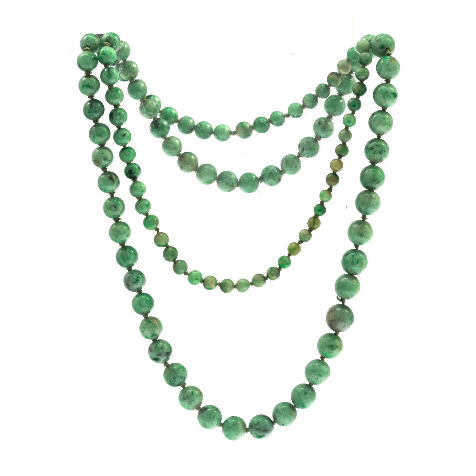 Collection of Two Graduated Jade Bead Necklaces: Collection of Two Graduated Jade Bead NecklacesIncluding one hundred-six round jade beads graduating from approximately 9.5 to 4.5 mm, forming a continuous 30 inch necklace; together with fifty-two ro