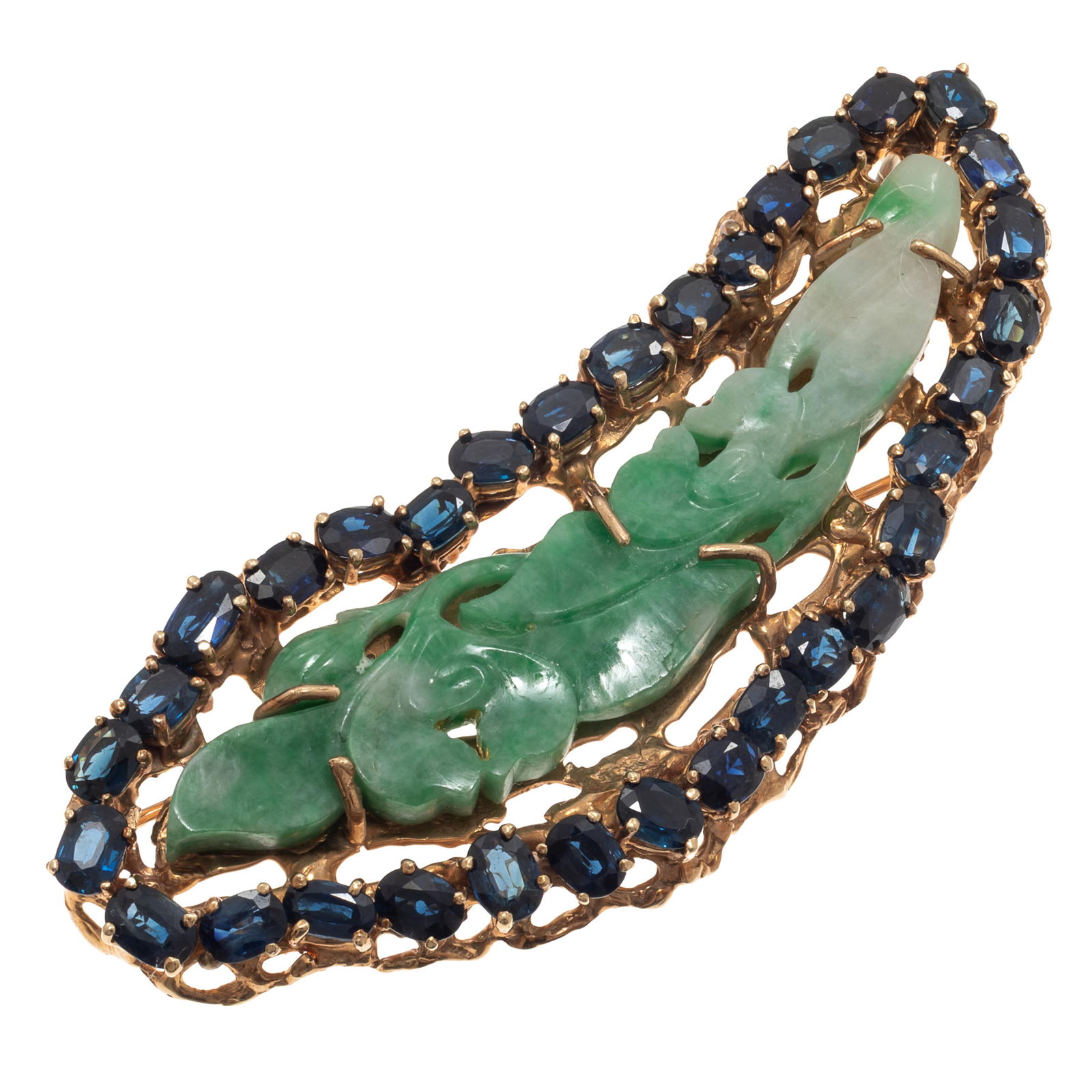 Jade, Sapphire, 14k Yellow Gold Brooch (1 of 4)
