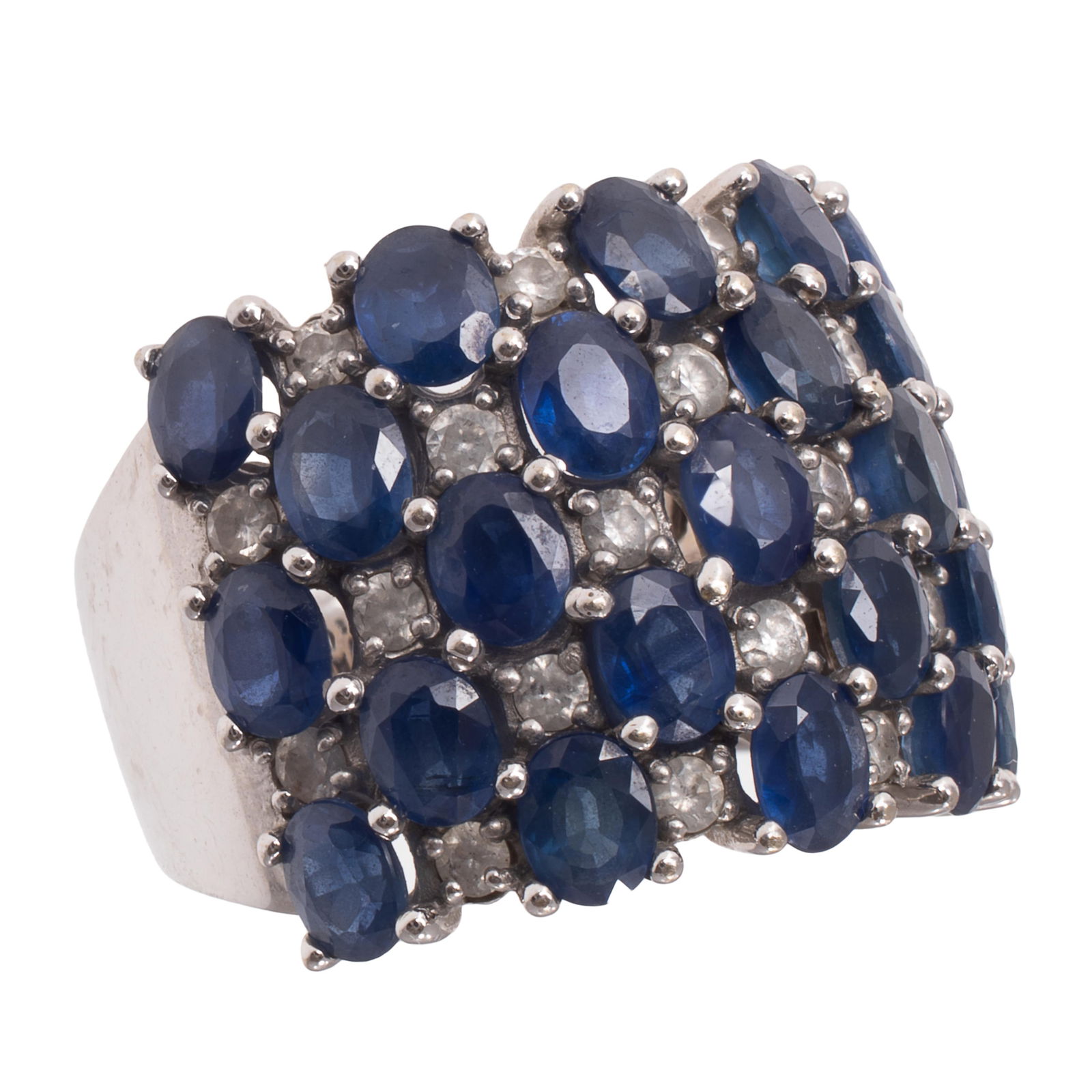 Sapphire, Diamond, 14k White Gold Ring, Effy: Sapphire, Diamond, 14k White Gold Ring, Effy Featuring twenty-three oval-cut sapphires weighing a total of approximately 6.67 cttw., accented by twenty-two round brilliant-cut diamonds weighing a
