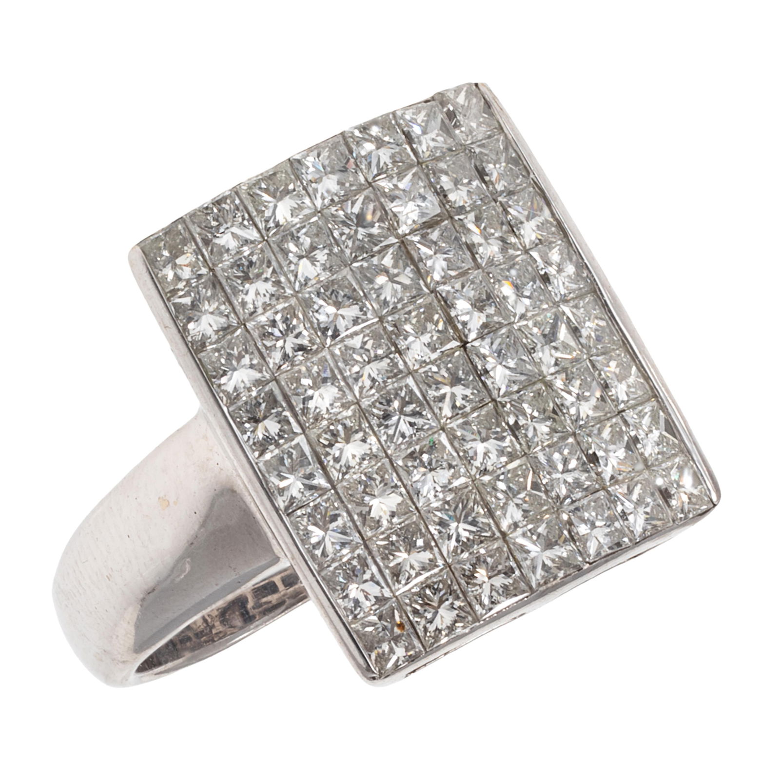 Diamond, 18k White Gold Ring: Diamond, 18k White Gold RingFeaturing fifty-six princess-cut diamonds weighing a total of approximately 1.95 cttw., set in an 18k white gold ring mounting, size 6 3/4.Gross weight: 8.3 grams.