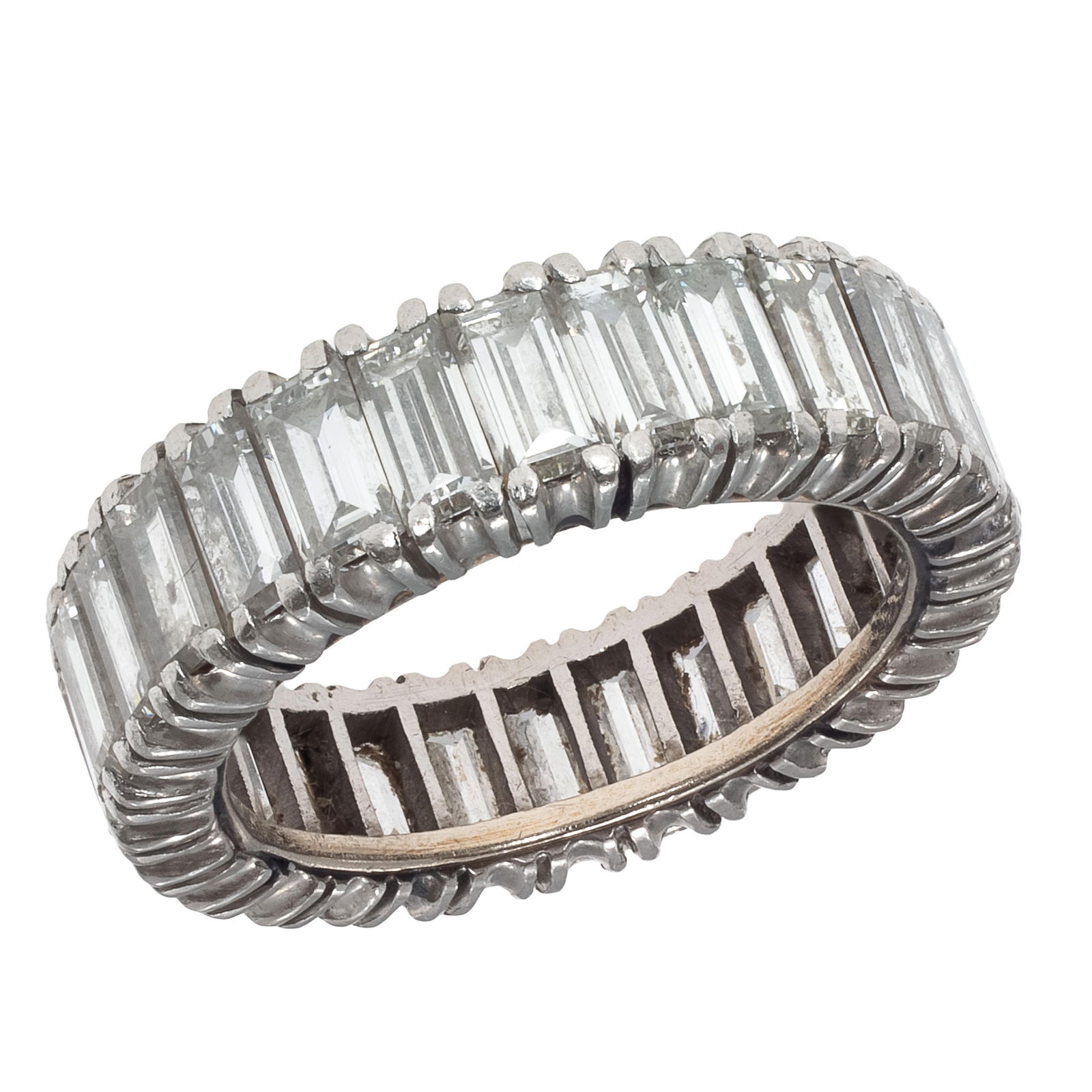 Diamond, Platinum Eternity Ring: Diamond, Platinum Eternity RingFeaturing twenty-four baguette-cut diamonds weighing approximately 2.40 cttw., set in a platinum ring mounting, size 6.Gross weight: 6.4 grams.