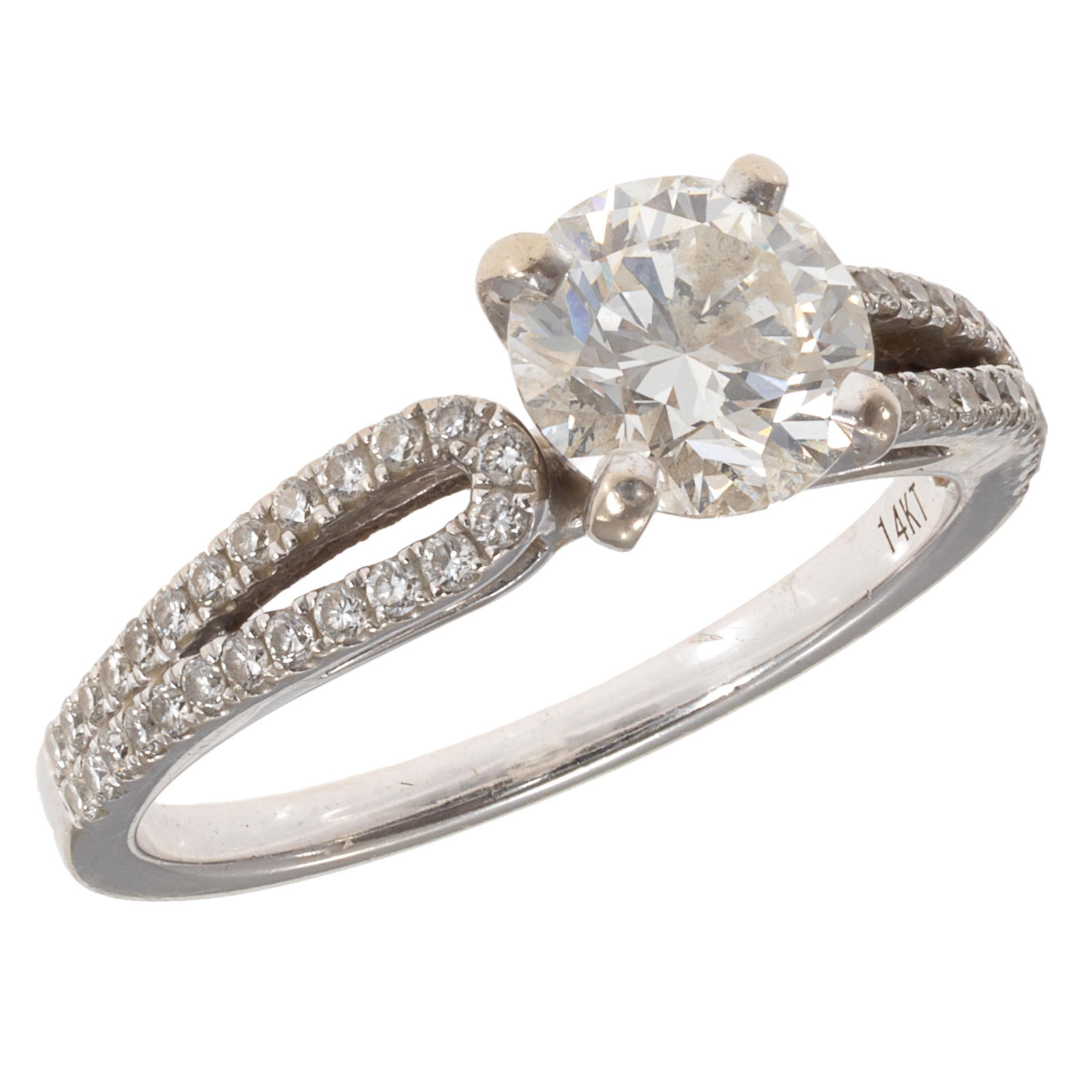 Diamond, 14k White Gold Ring: Diamond, 14k White Gold RingCentering a round brilliant-cut diamond weighing 1.26 ct., accented by fifty round brilliant-cut diamonds weighing a total of approximately 0.27 cttw., set in a 14k white g