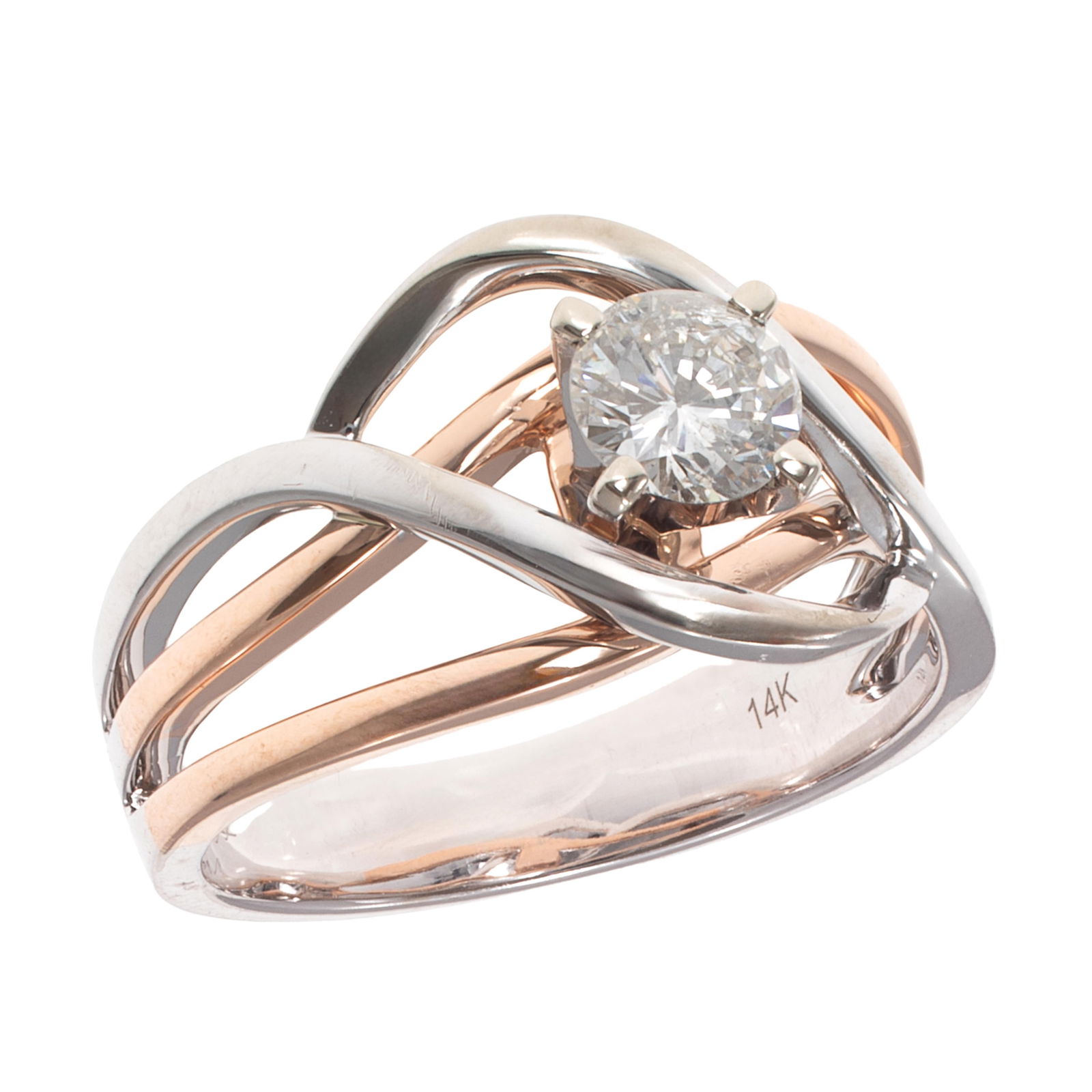 Diamond, 14k White and Rose Gold Ring, John Bagley: Diamond, 14k White and Rose Gold Ring, John BagleyCentering a round brilliant-cut diamond weighing approximately 0.70 ct., set in a sinuous 14k white and rose gold ring mounting, size 8 1/2. Signed 'J