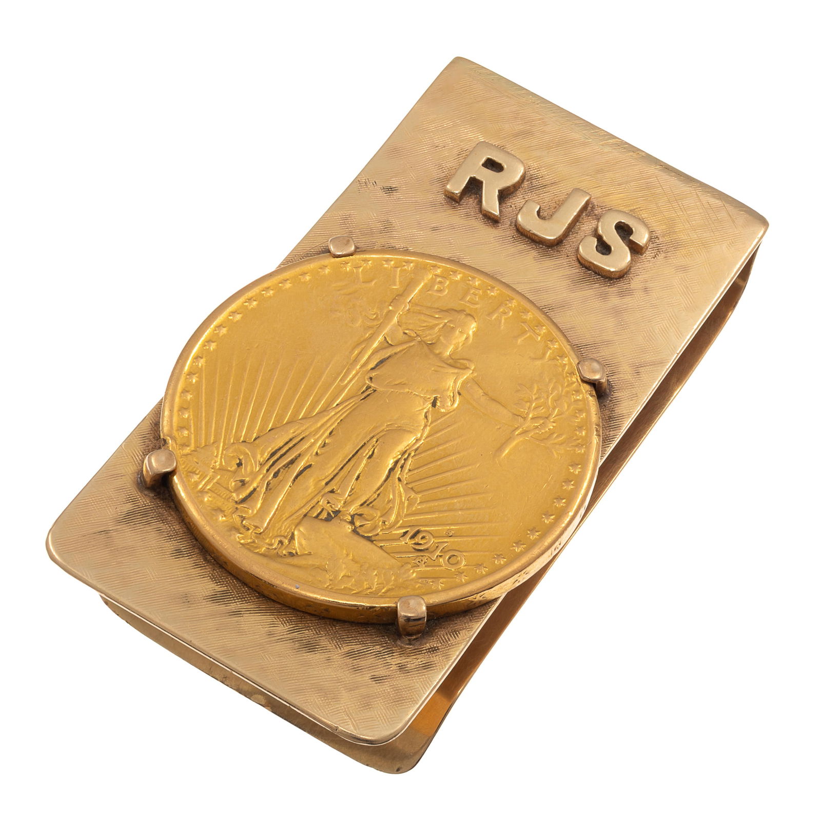 U.S. 1910 St. Gaudens Gold Coin, 14k Money Clip: U.S. 1910 St. Gaudens Gold Coin, 14k Money ClipFeaturing a 1910-S U.S. Walking Liberty, $20 gold coin, topped with applied initials 'RJS,' set in a Florentine-finish, 14k yellow gold money clip measur
