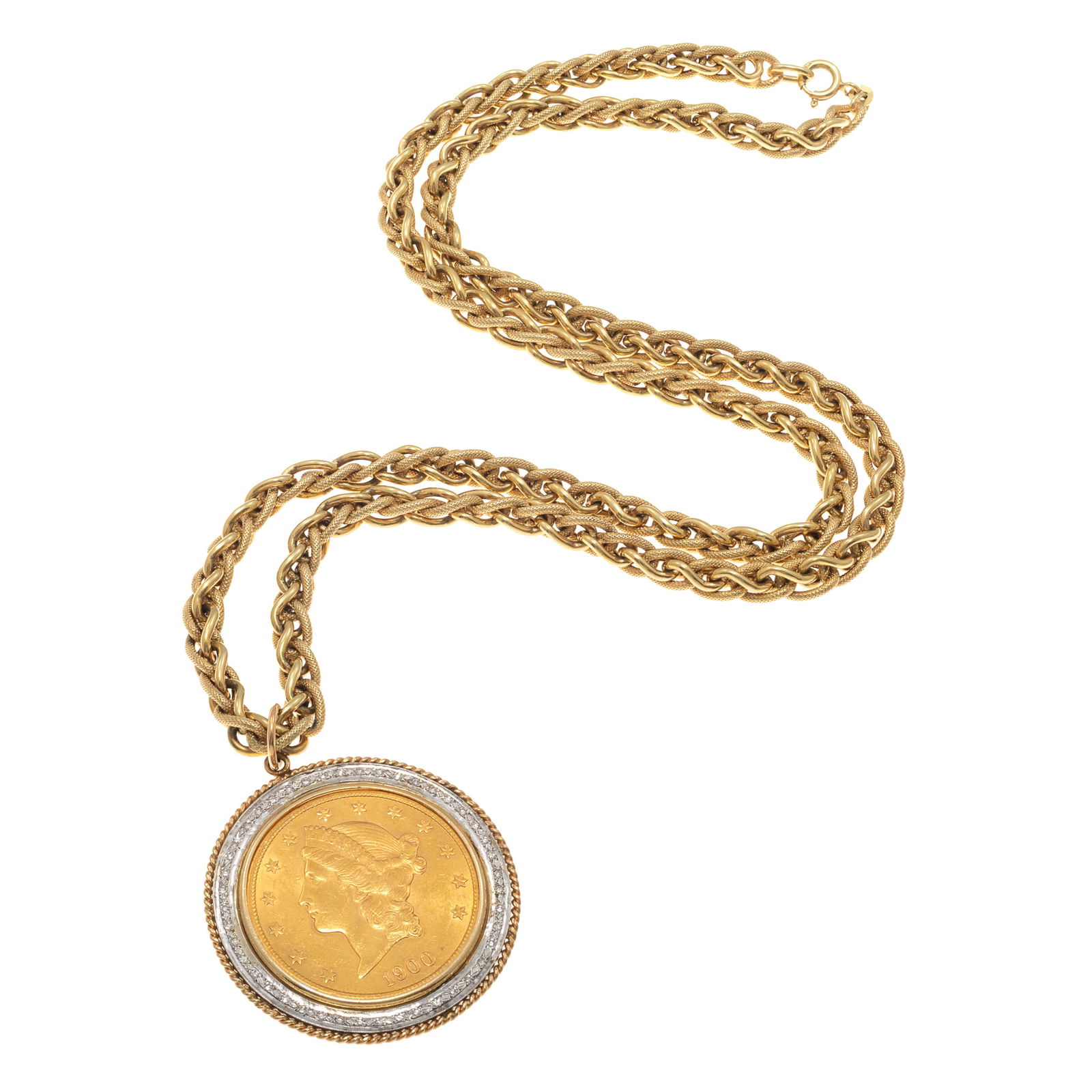 U.S. 1900 Liberty Head $20 Gold Coin, Diamond, 14k Necklace: U.S. 1900 Liberty Head $20 Gold Coin, Diamond, 14k NecklaceFeaturing a U.S. 1900 Liberty Head $20 gold coin, S mint mark, framed by forty-four single-cut diamonds weighing a total of approximately 0.6