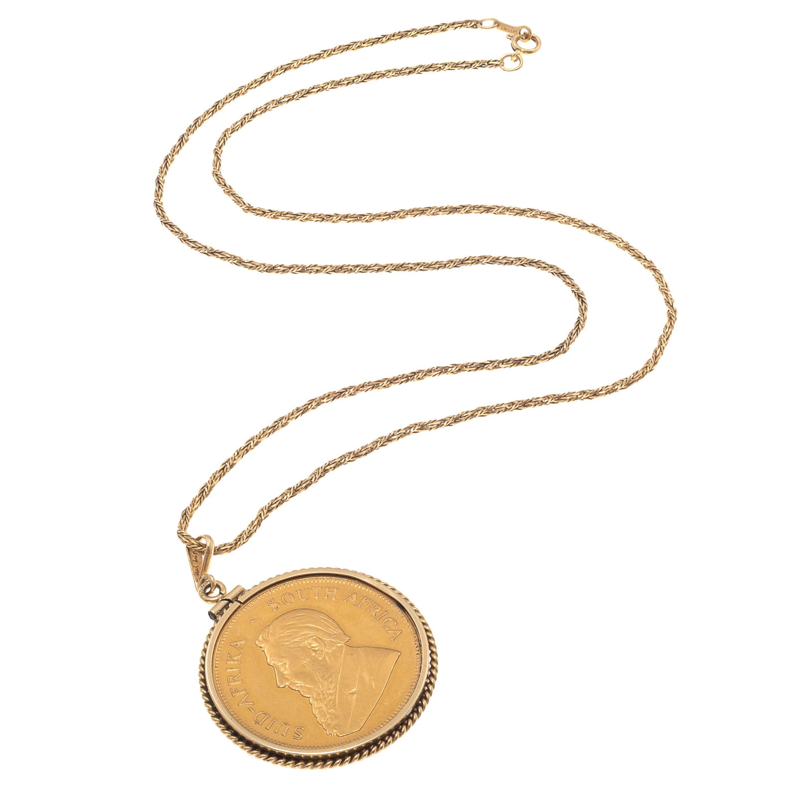 1977 Krugerrand Gold Coin, 14k Yellow Gold Necklace: 1977 Krugerrand Gold Coin, 14k Yellow Gold NecklaceFeaturing a 1977 1 oz fine gold South African Krugerrand, set in a 14k yellow gold pendant mounting, suspended by a 22 inch, 14k yellow gold franco c