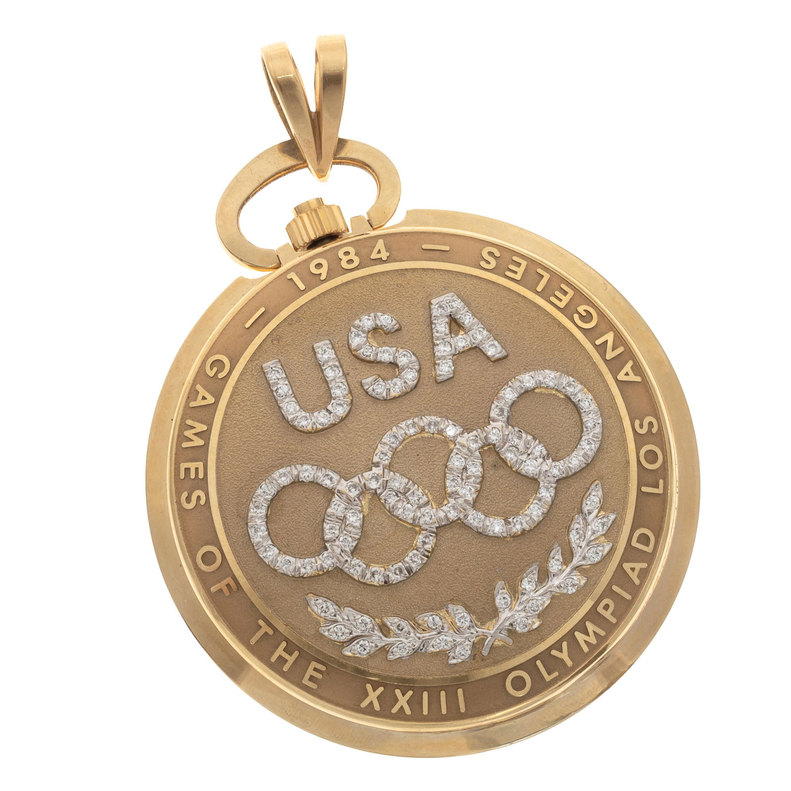 Longines Diamond, 14k Limited Edition 1984 Olympic Pocket Watch: Longines Diamond, 14k Limited Edition 1984 Olympic Pocket Watch DIAL: Round, diamond dust finish, applied gold stick hour markers, black stick outer minutes track, gold baton hands, center seconds