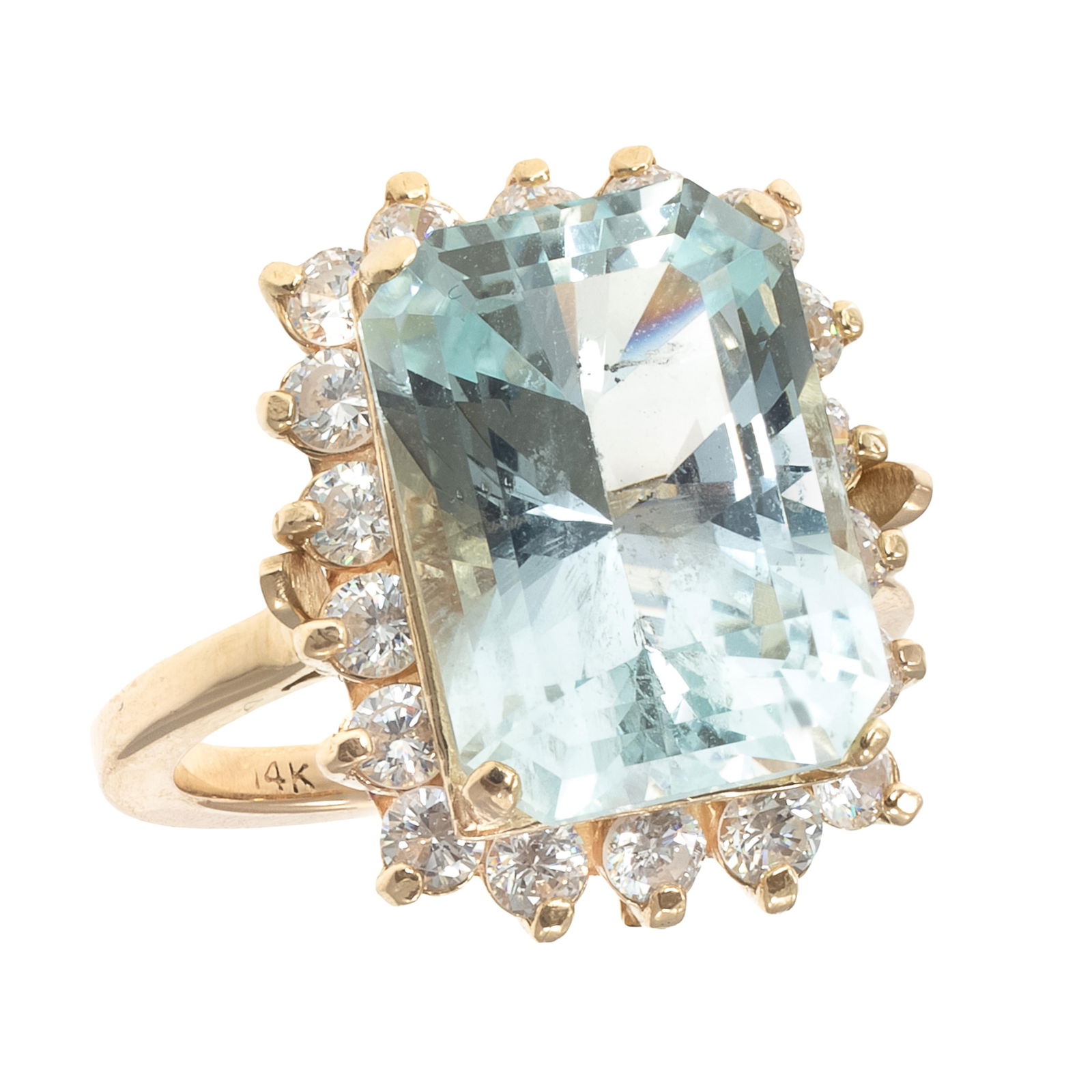 Aquamarine, Diamond, 14k Yellow Gold Ring: Aquamarine, Diamond, 14k Yellow Gold Ring Centering a rectangular step-cut aquamarine weighing approximately 8.40 cts., accented by eighteen round brilliant-cut diamonds weighing a total of