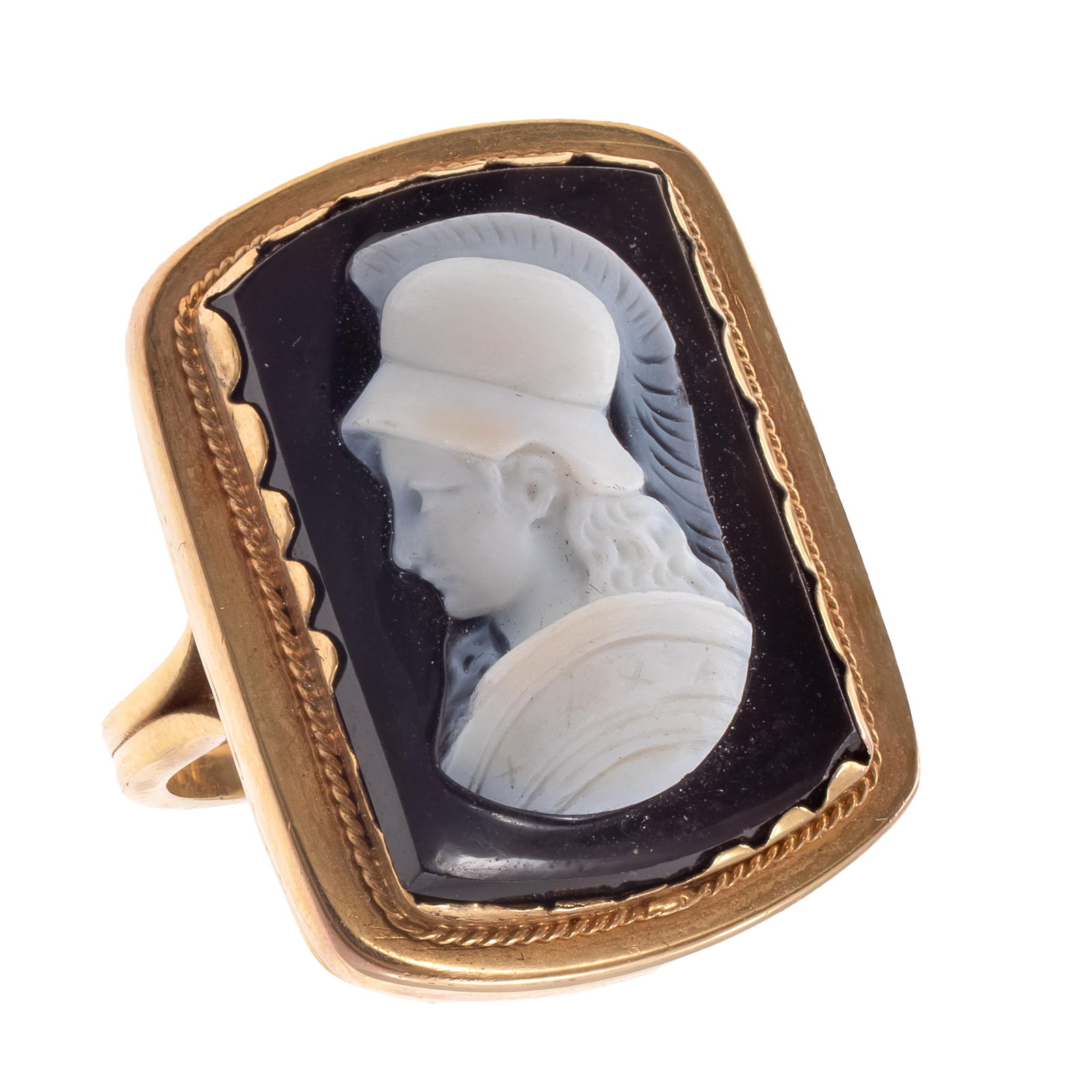 Hardstone Cameo, 14k Yellow Gold Ring: Hardstone Cameo, 14k Yellow Gold RingFeaturing a hardstone cameo depicting Minerva in profile, set in a 14k yellow gold ring mounting, size 7 3/4.Gross weight: 13.5 grams.